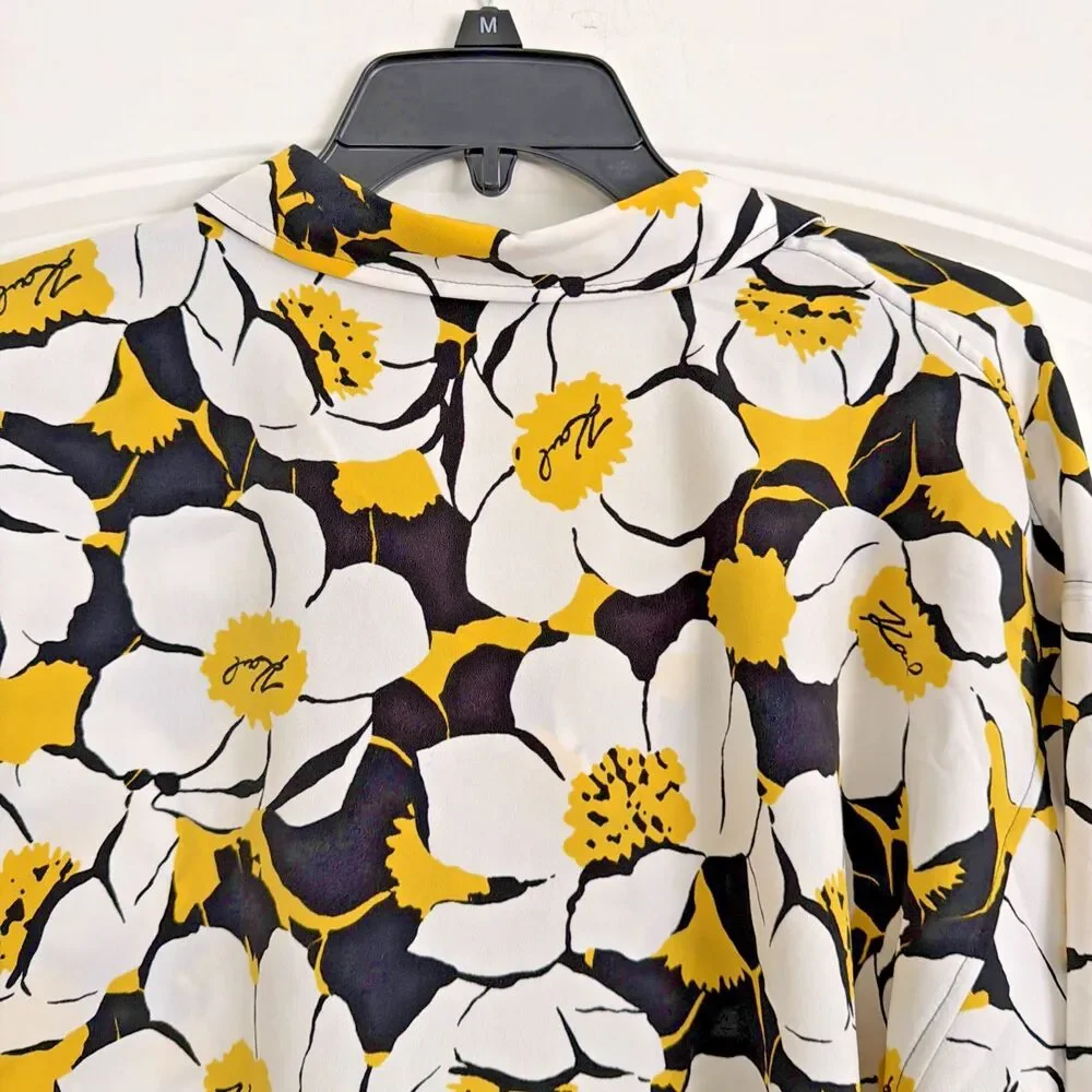Karl Lagerfeld Paris Women's Floral Button Front Blouse White Black Yellow XL - Picture 11 of 11